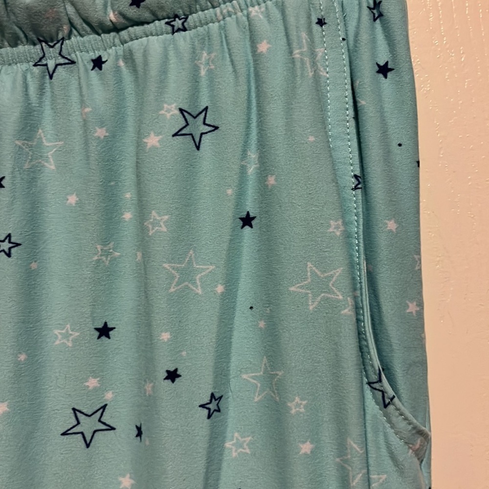 Women’s Pyjama Pants with Pockets Aqua Blue-Green Stars Large Elastic